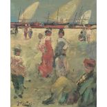 Figures on a beach before boats, continental oil on canvas, mounted and framed, 45cm x 36cm