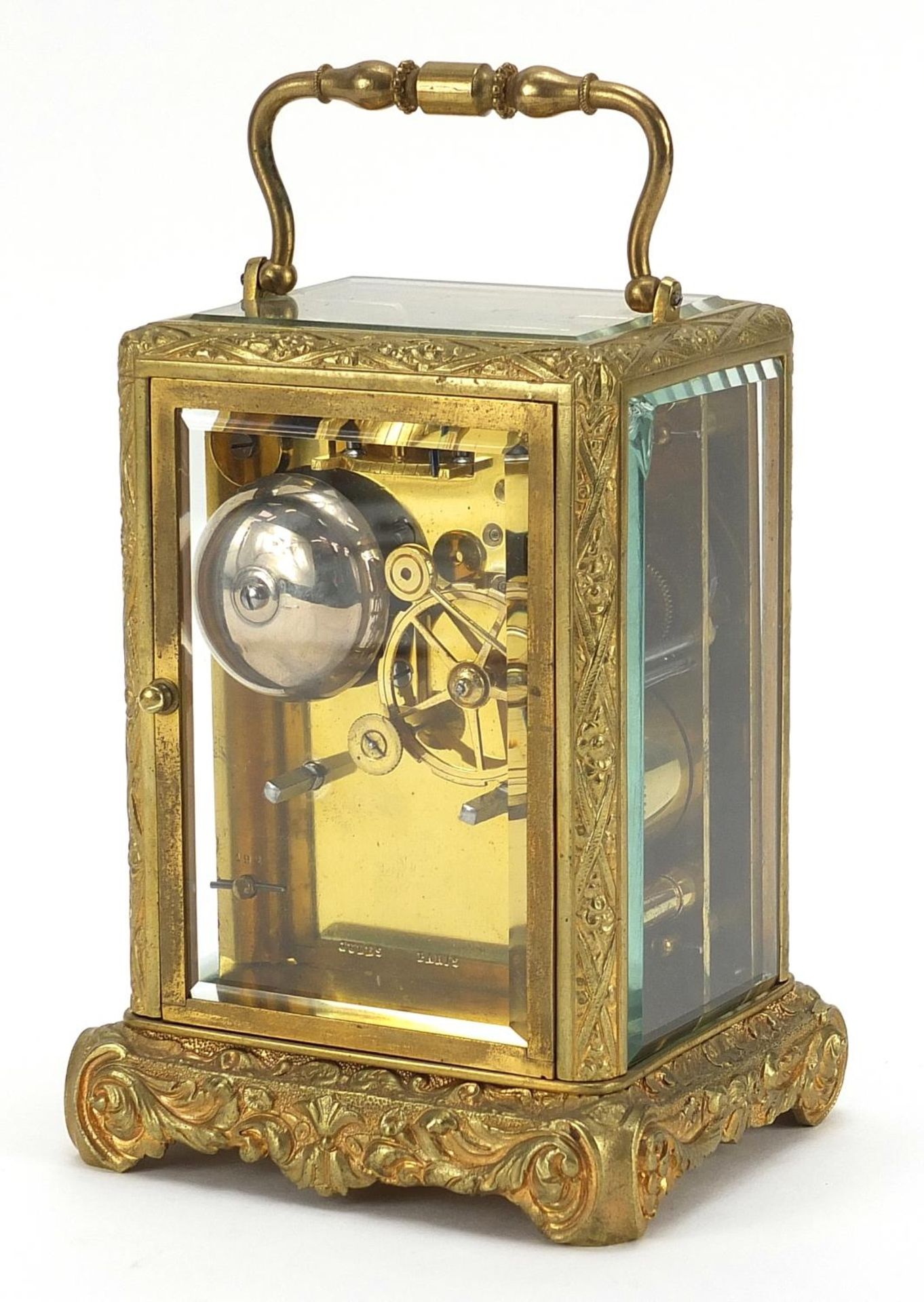 19th century gilt brass cased carriage clock striking on a bell with enamelled dial having Roman - Image 2 of 5