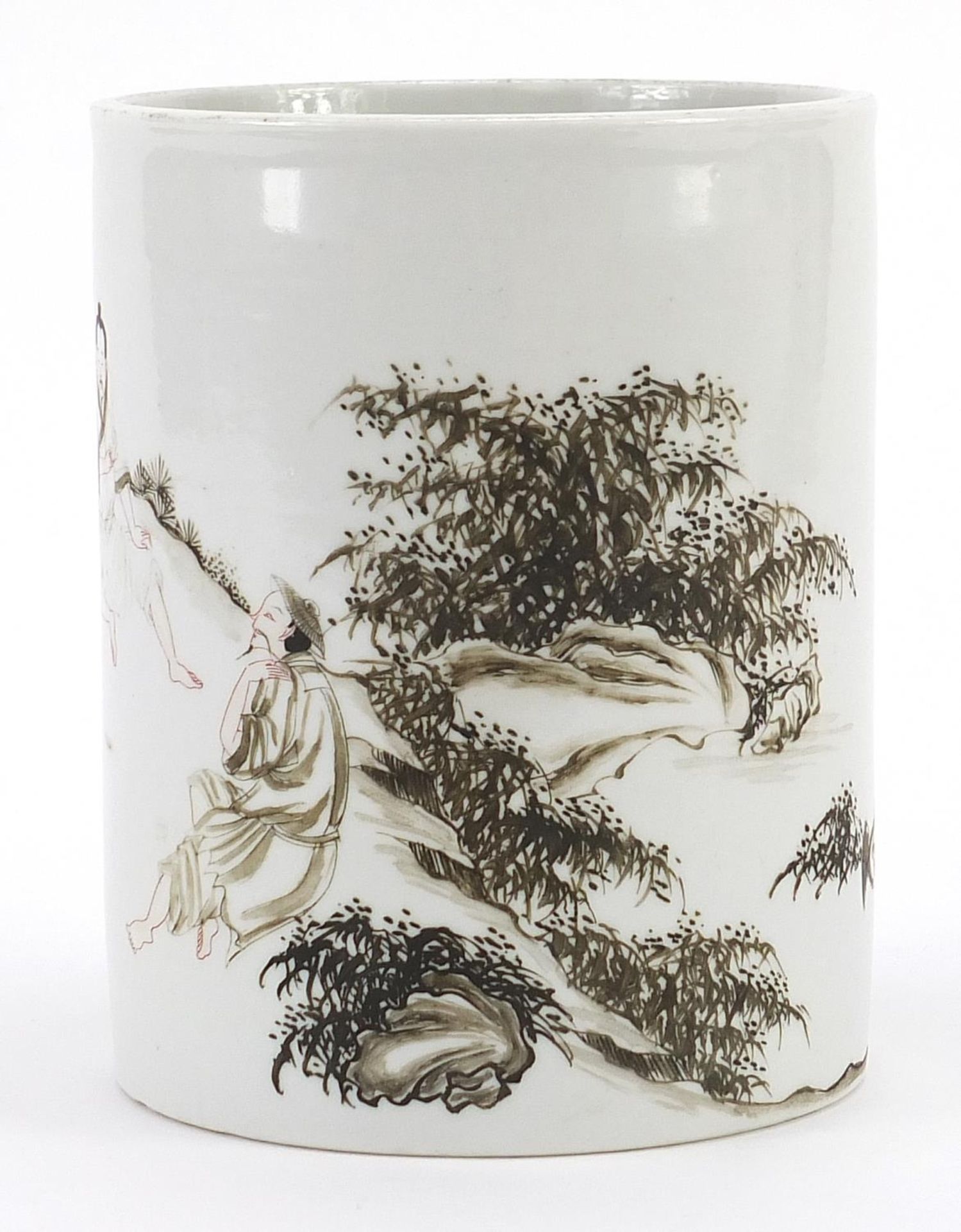 Chinese porcelain en grisaille brush pot hand painted with figures in a landscape, 13.5cm high