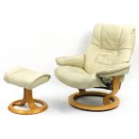 Stressless Ekornes, cream leather easy chair and footstool, 100cm high