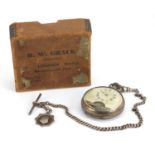 Hebdomas, gentlemen's silver open face pocket watch on a silver watch chain with T bar and jewel,