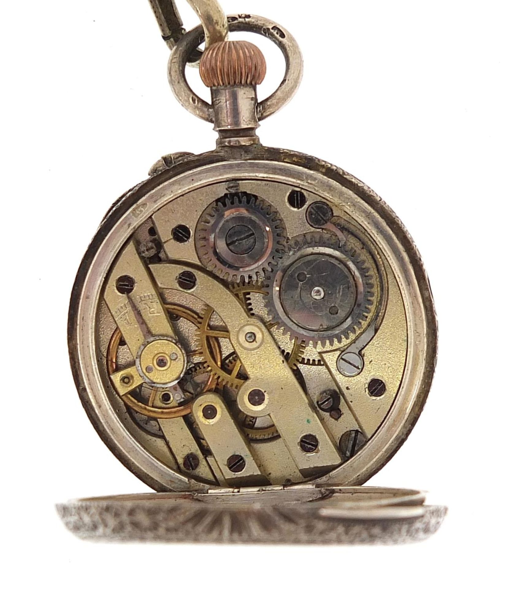 Ladies silver open face pocket watch with enamelled dial on a white metal watch chain with silver - Image 2 of 4
