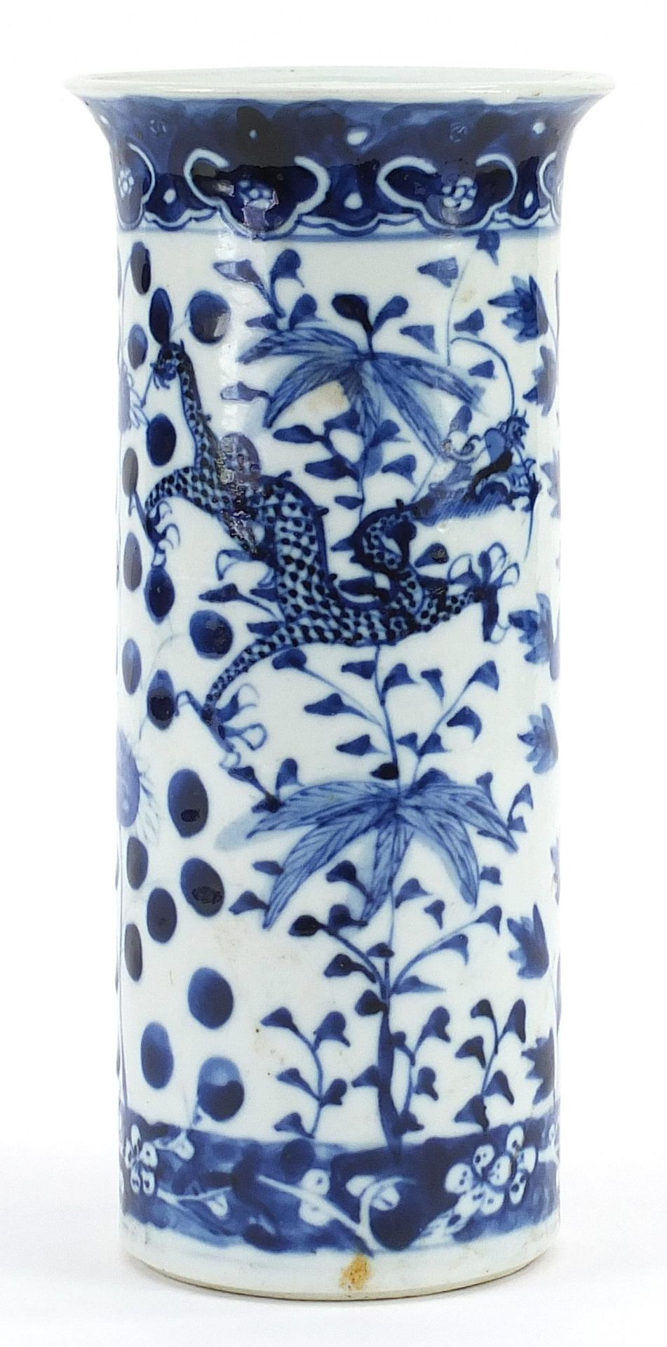 Chinese blue and white porcelain cylindrical vase hand painted with dragons amongst flowers, 20cm - Image 2 of 3