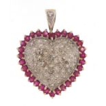 9ct gold ruby and diamond love heart pendant, 2.5cm high, 3.4g