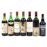 Seven bottles of wine and port including Chateau Cheret-Pitres, Merlot and Medoc