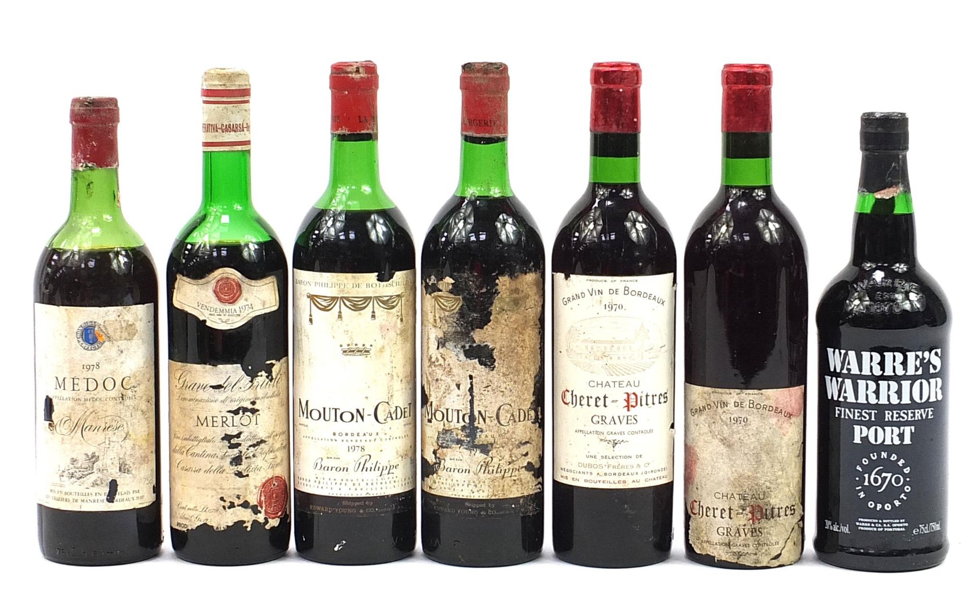 Seven bottles of wine and port including Chateau Cheret-Pitres, Merlot and Medoc