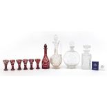 Antique and later glassware comprising a Bohemian decanter with six liqueur glasses etched with deer