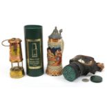 Sundry items including military interest gas mask, miner's lamp and Rhodes centenary coin