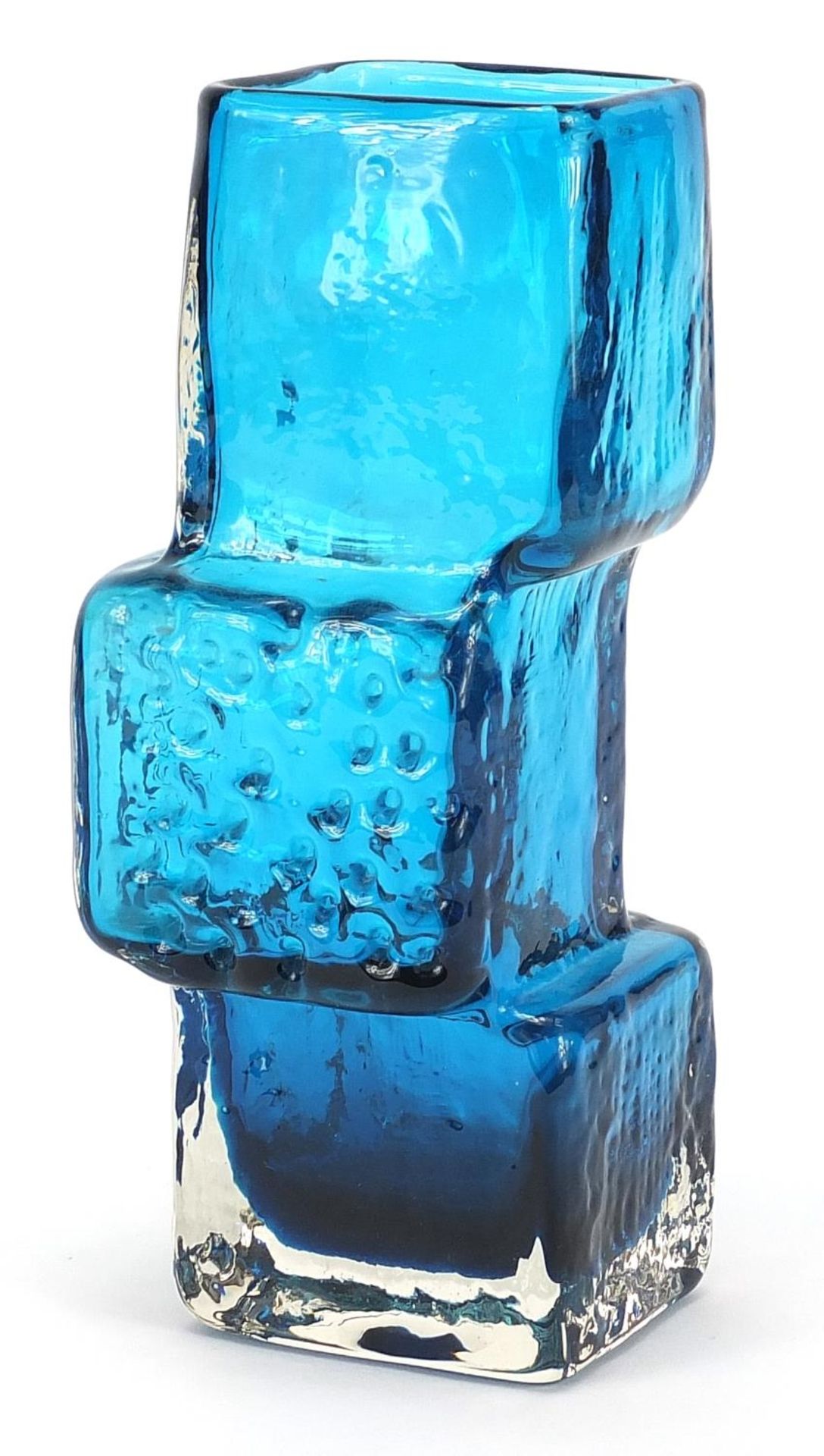 Geoffrey Baxter for Whitefriars, drunken bricklayer glass vase in kingfisher blue, 21cm high