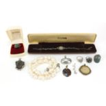 Costume jewellery including a ladies Rotary silver marcasite wristwatch, freshwater pearl necklace