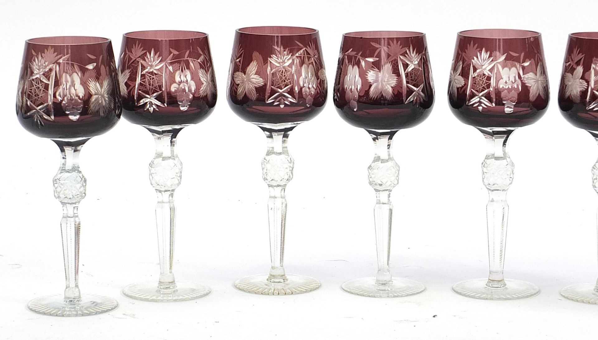 Set eight Bohemian purple flashed cut glass glasses, 21cm high - Image 2 of 3