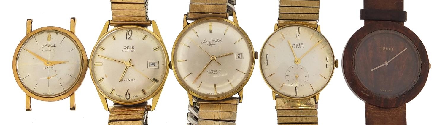 Five vintage gentlemen's wristwatches comprising Avia, Swiss Watch Corporation, Oris, Aristo and