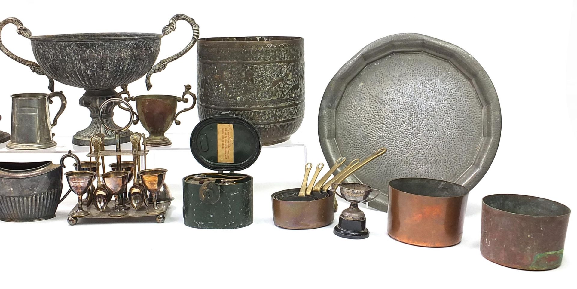 Antique and later metalware including a pair of Victorian brass candlesticks with pushers, pewter - Image 4 of 4
