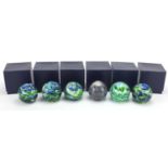 Six Royal Crest colourful glass paperweights with boxes, each 7.5cm high