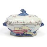 Chinese wucai porcelain tureen and cover with twin handles hand painted with flowers, 35cm wide