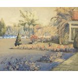 Leslie Hutchison - Garden scene, signed heightened watercolour, mounted, framed and glazed, 35cm x
