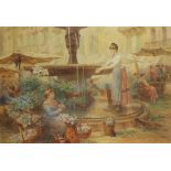 Samuel John Hodson - Flower sellers before a water fountain, Art Nouveau watercolour, indistinctly
