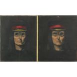 Head One, Head Two, female portraits, oil on canvas, framed, each 76cm x 45.5cm excluding the frame