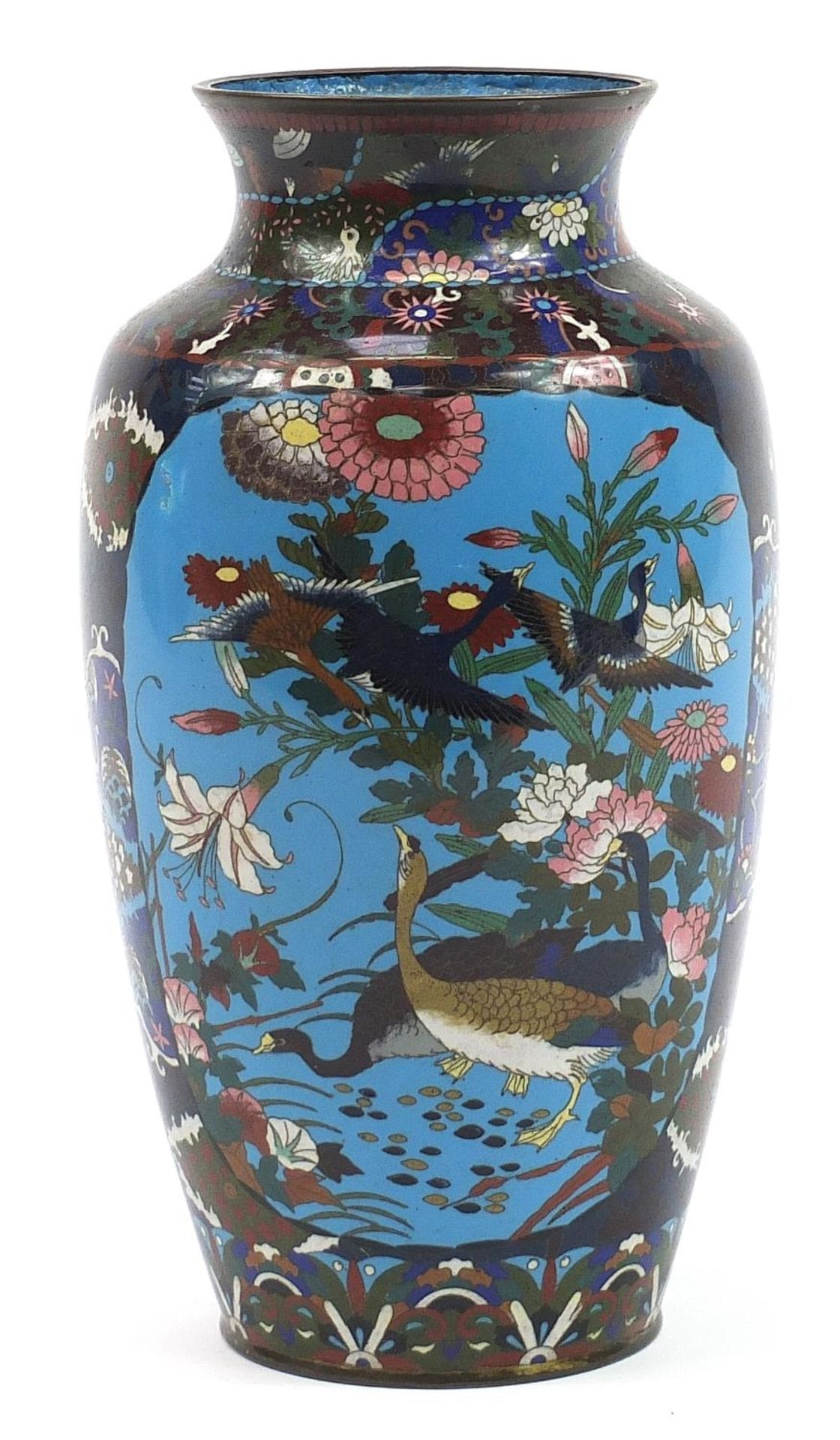 Large Japanese cloisonne vase enamelled with birds of paradise amongst flowers, 34cm high