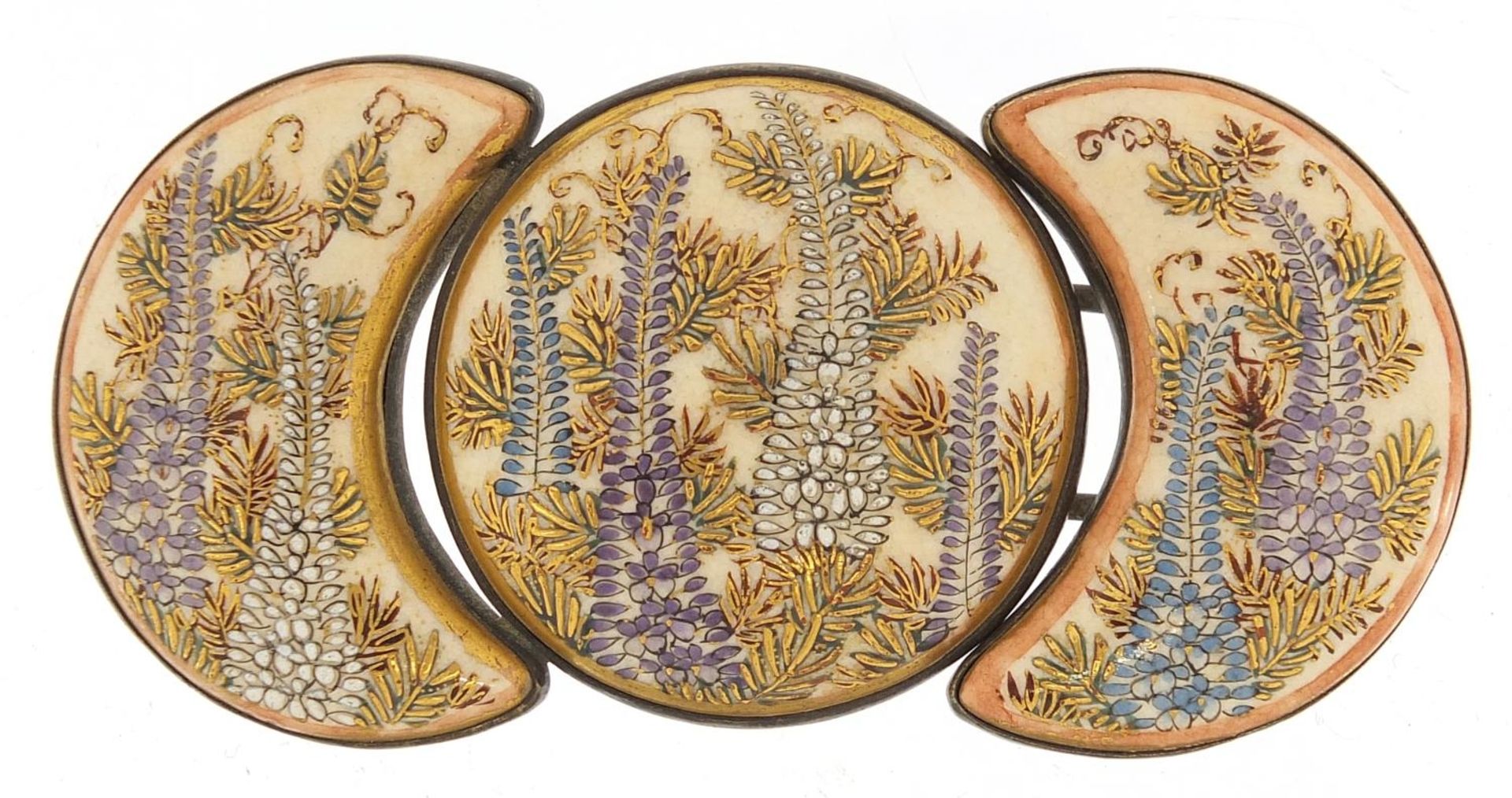 Japanese Satsuma pottery buckle hand painted with wisteria, 9cm wide