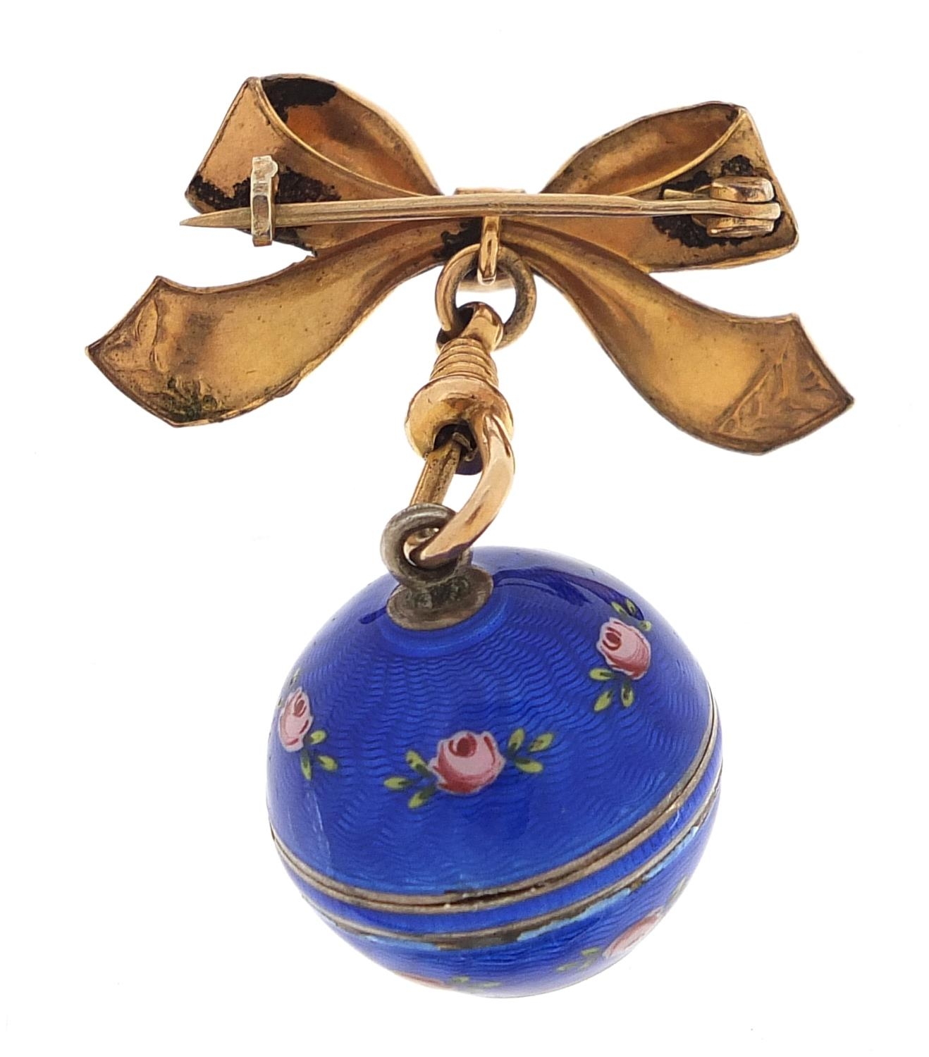 Blue guilloche enamelled ladies fob watch on a yellow metal bow design brooch clasp, 3.5cm wide, - Image 2 of 2