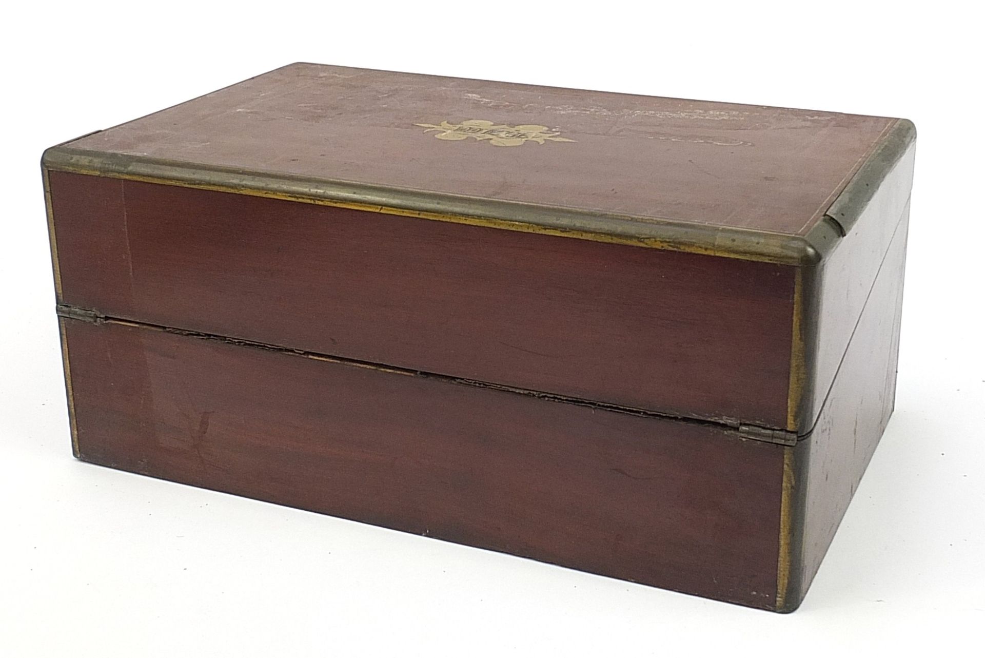 Victorian campaign style brass bound mahogany writing slope with coromandel interior, tooled leather - Image 3 of 4