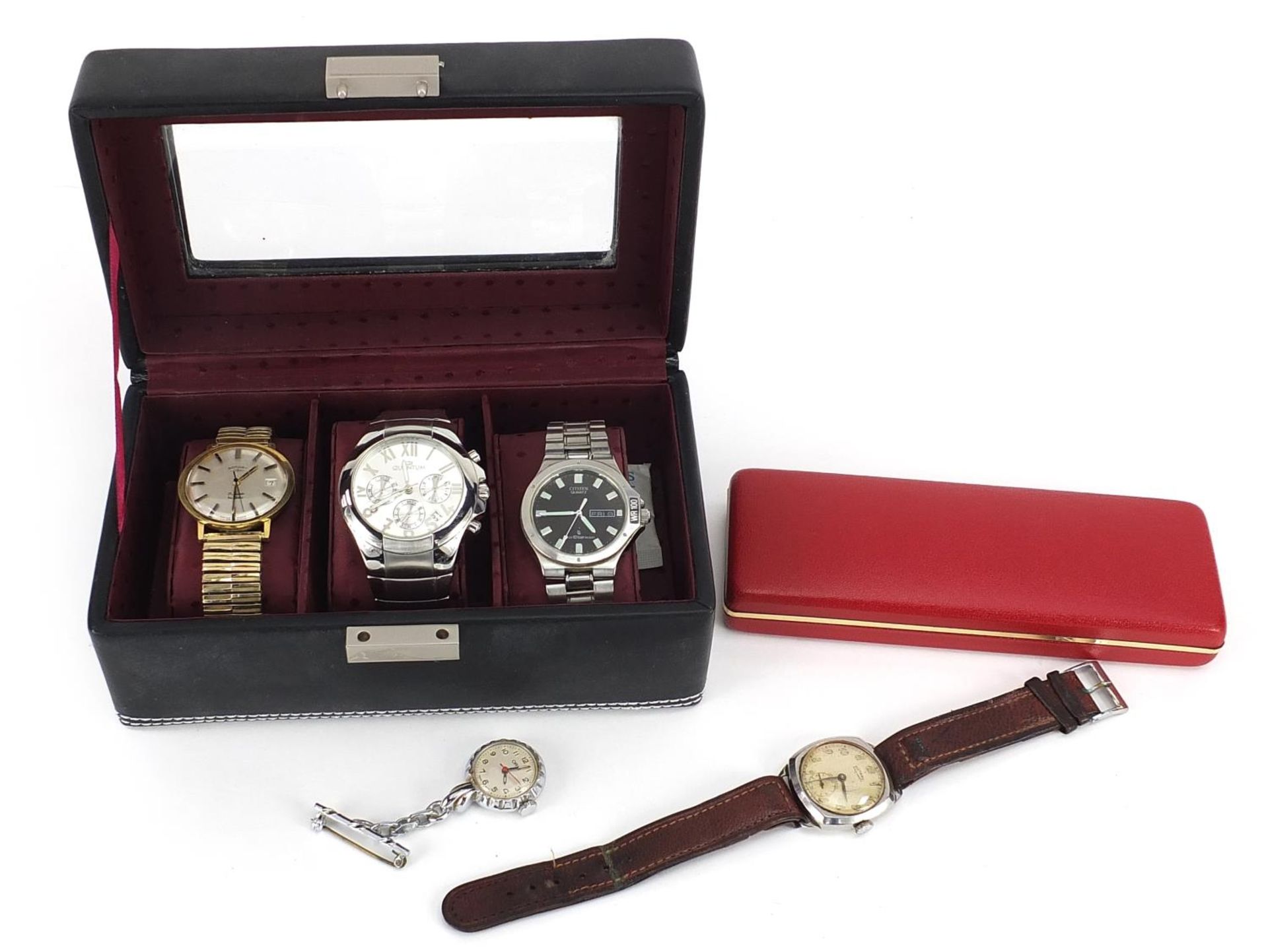 Four vintage and later gentlemen's wristwatches and a ladies Oris fob watch comprising Rotary,