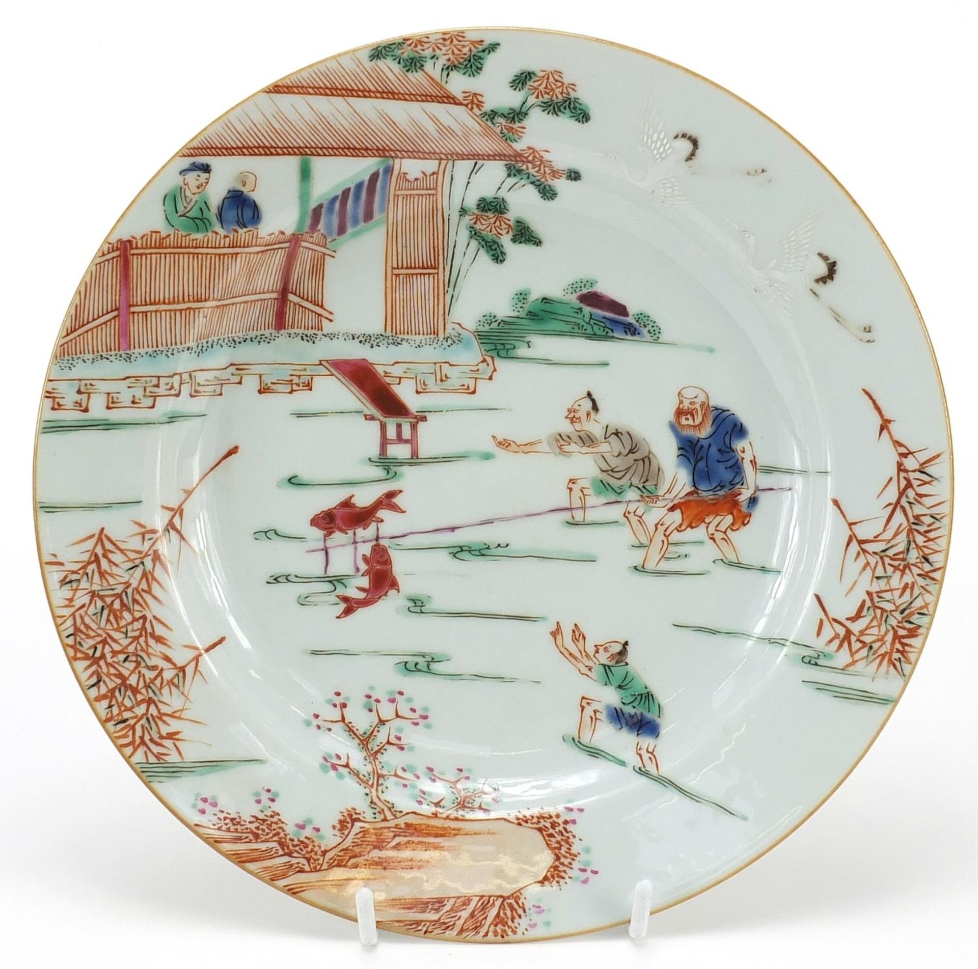 Chinese porcelain plate hand painted with a fisherman, 22.5cm in diameter