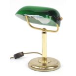 Brass banker's design desk lamp with green glass shade, 33cm high