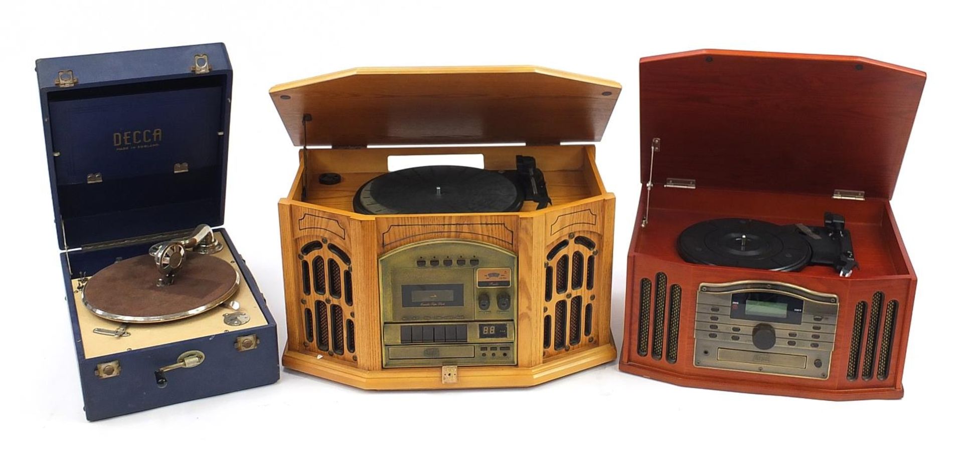 Audio equipment comprising Decca model 10 portable gramophone, Thomas Pacconi phonograph model TPC-
