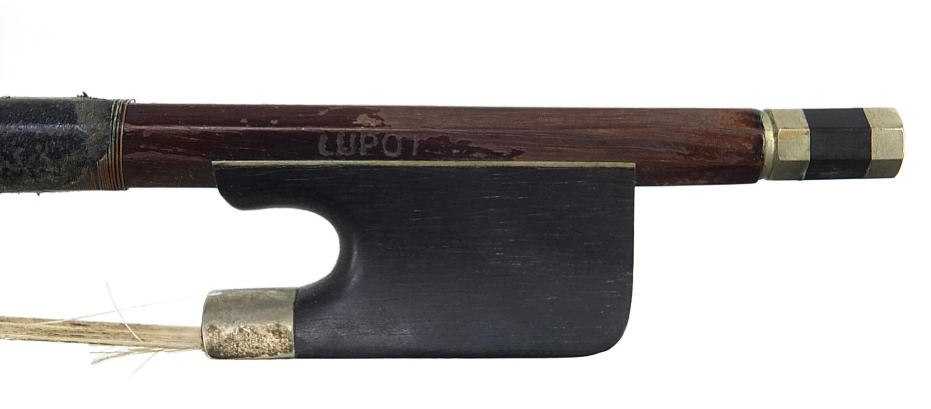 Old wooden violin bearing a Stradivarius label and violin bow impressed Lupot with case, the - Image 4 of 7