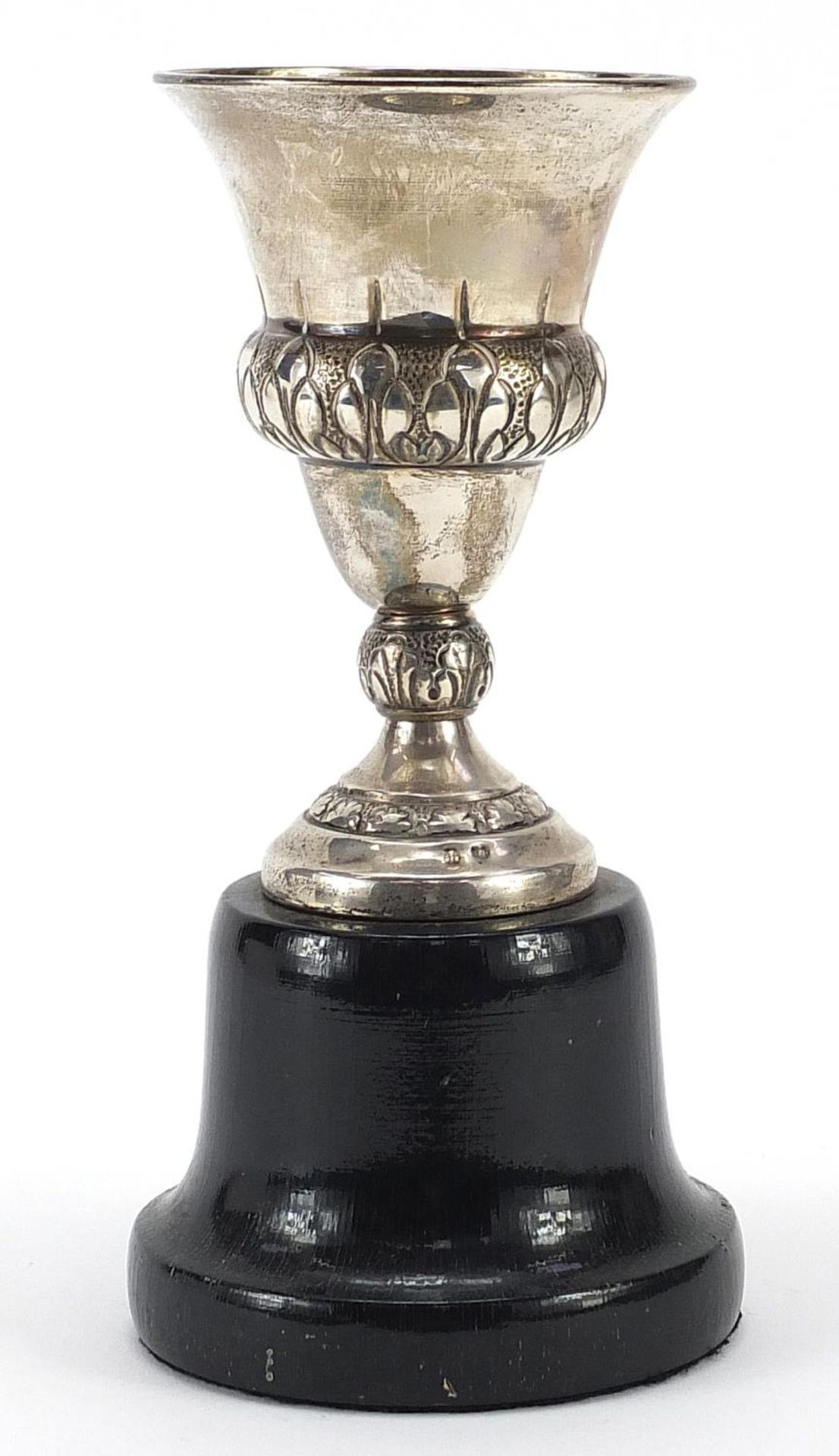 Spanish silver equestrian interest trophy raised on an ebonised wood base, 20cm high, total weight - Image 2 of 4