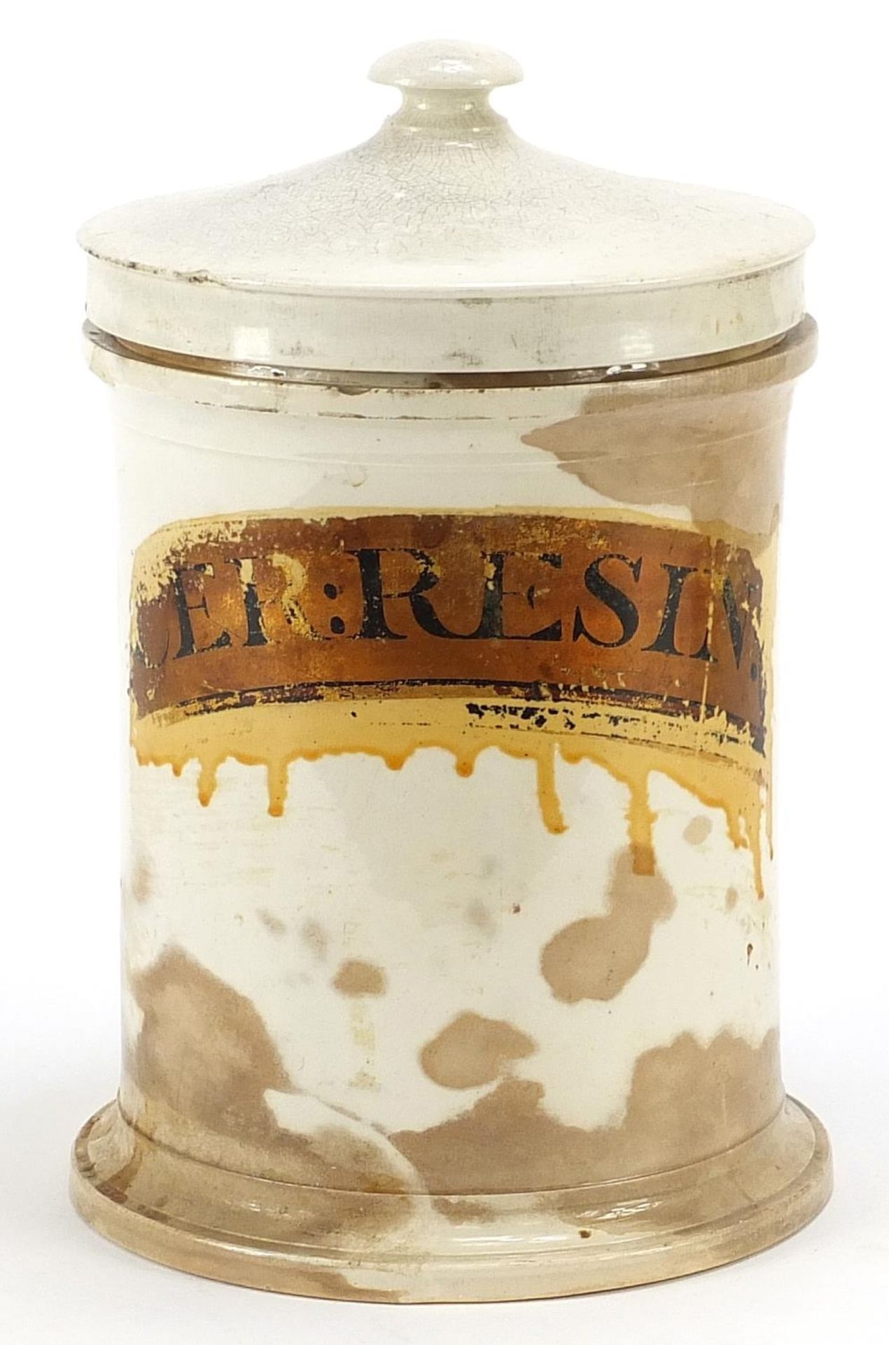 19th century continental apothecary jar with paper label and liner, the label inscribed CER Resin,
