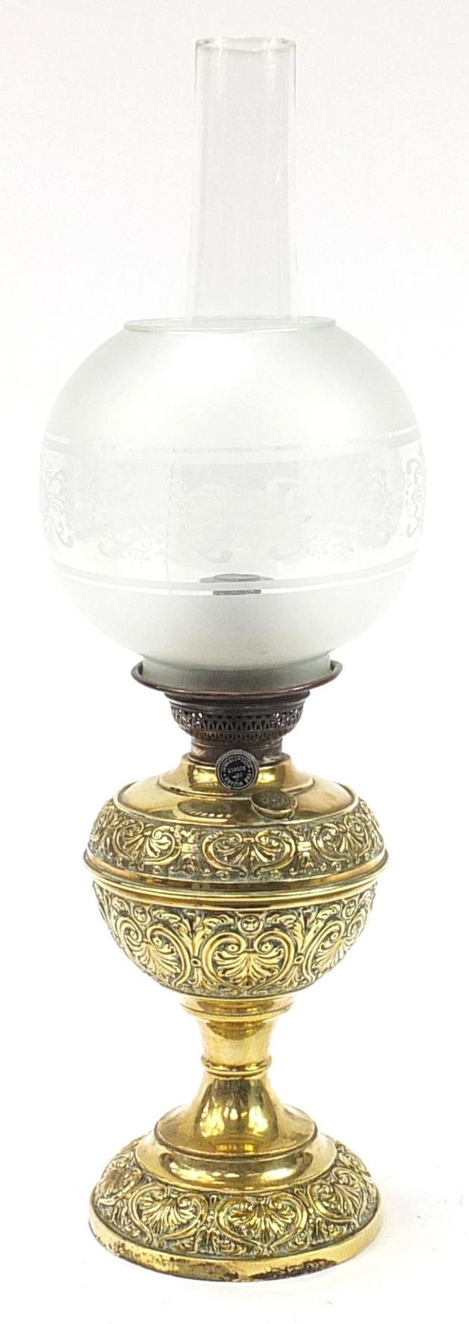 The Wizard Burner brass oil lamp with globular glass shade, 62.5cm high