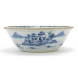 Chinese blue and white porcelain bowl hand painted with a river landscape and flowers, 15cm in
