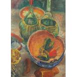 Still life vessels, oil on canvas, indistinctly monogrammed, possibly E P, mounted and framed,