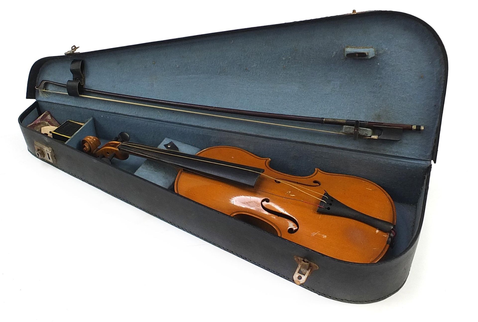 Old wooden violin bearing a Stradivarius label and violin bow impressed Lupot with case, the - Image 6 of 7