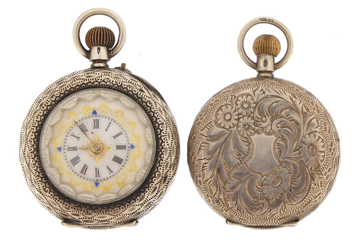 Two ladies silver pocket watches including a full hunter, both with enamelled dials, the largest - Image 2 of 6