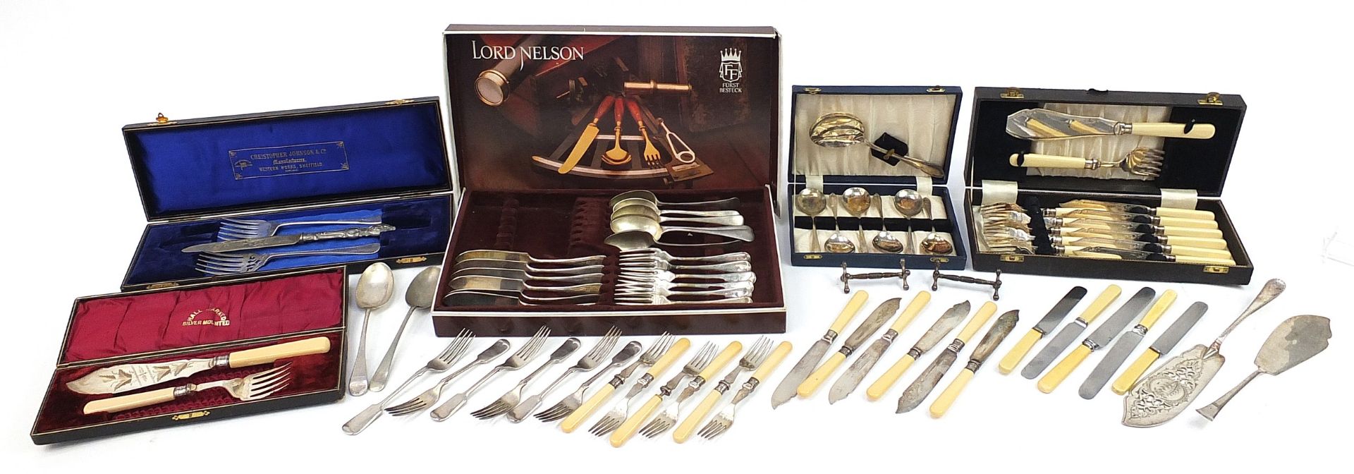 Collection of antique and later silver plated cuttlery, some with ivorine handles including cased