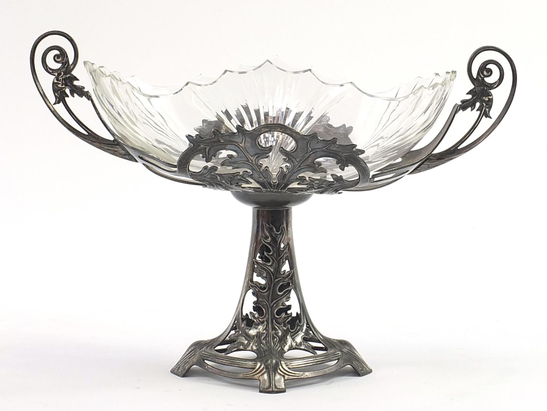 Manner of WMF, German Art Nouveau pewter centrepiece with cut glass bowl, numbered 658 to the - Image 2 of 3