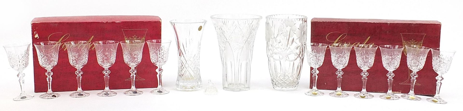 Cut glassware and crystal including two sets of six Bohemia wine glasses with boxes, the largest