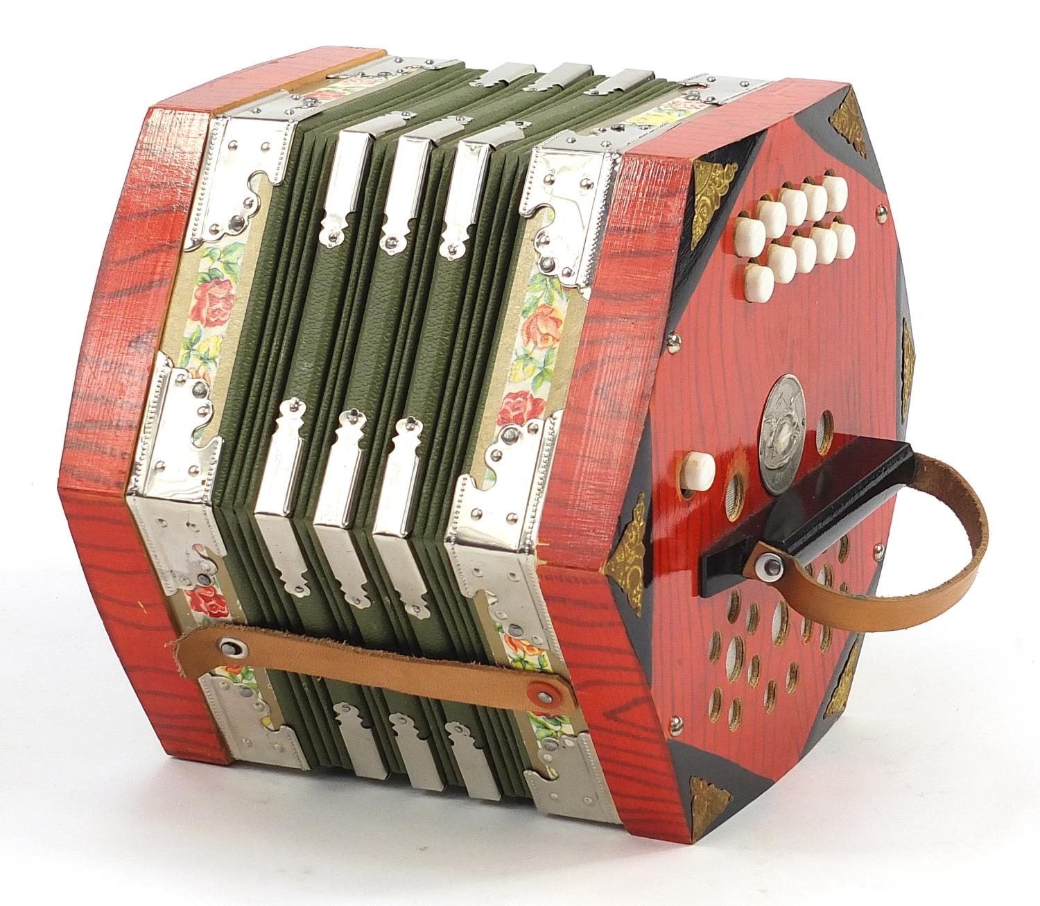Scholer ten button concertina with pine case, 19cm wide - Image 2 of 5