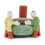 Chinese porcelain incense burner surmounted with two children, 7.5cm high