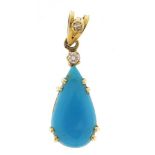 18ct gold diamond and turquoise tear drop pendant, 2.4cm high, 2.3g