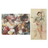 One man band and four figures, pair of heightened watercolours, indistinctly signed, possibly John