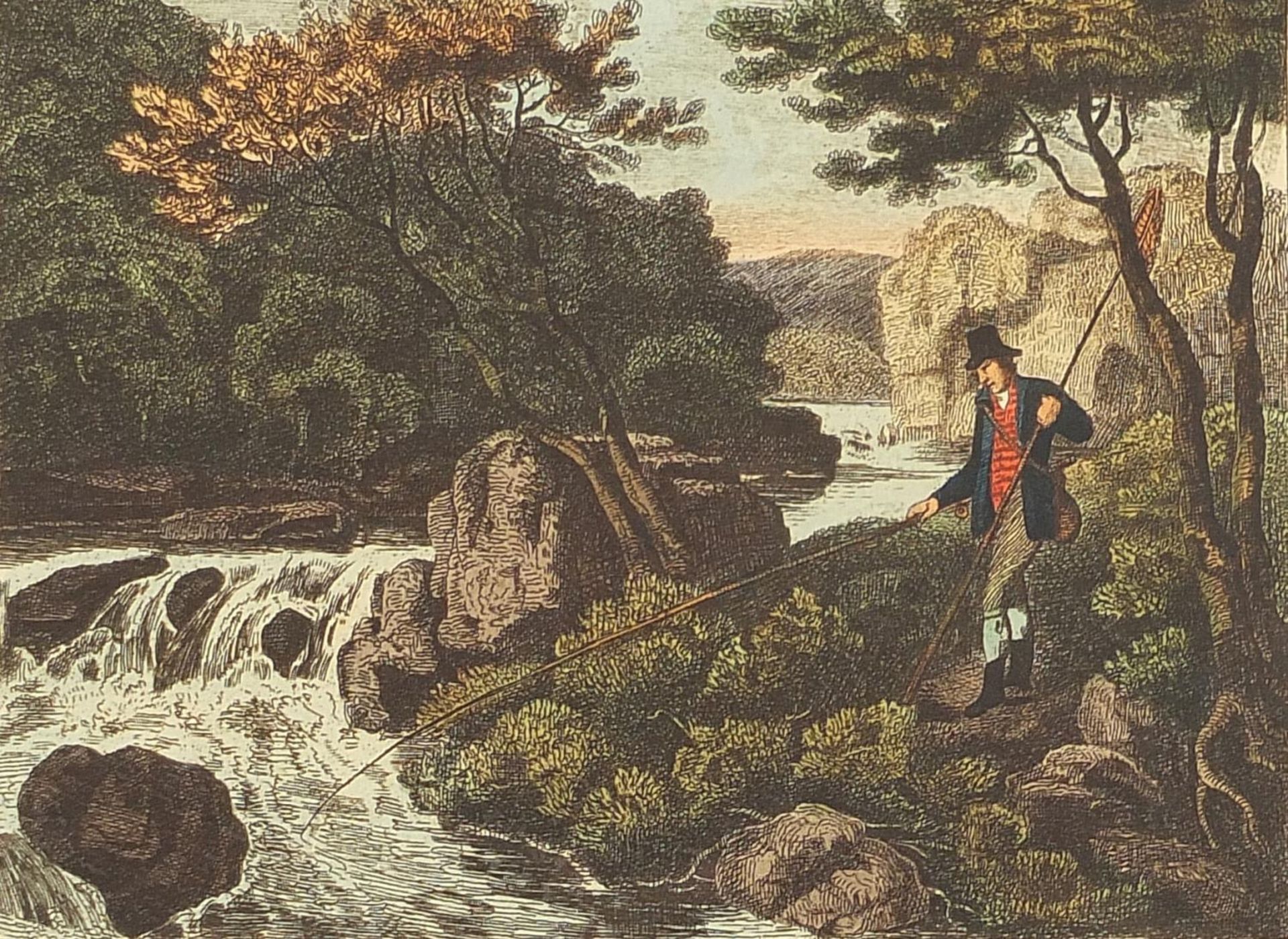 Hare Hunting and Minnow Fishing, pair of late 18th century prints in colour, each framed and glazed, - Image 2 of 10