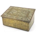 Art Nouveau brass mounted slipper box embossed with fruit on a vine, 21cm H x 40.5cm W x 23cm D