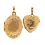 Two 9ct gold lockets with engraved decoration including a love heart, the largest 3cm high, total