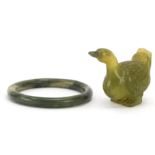 Chinese green jade bangle and carved duck, 7.5cm in length