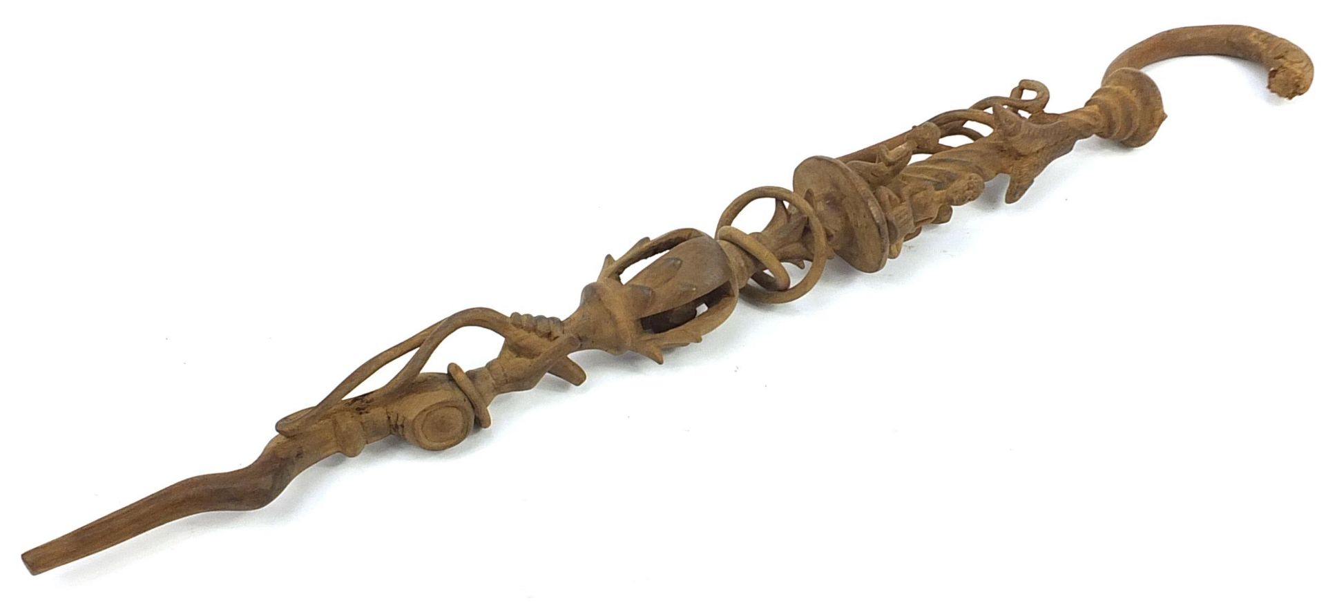 Tribal interest walking stick carved with figures and fish, 89.5cm in length - Image 2 of 4